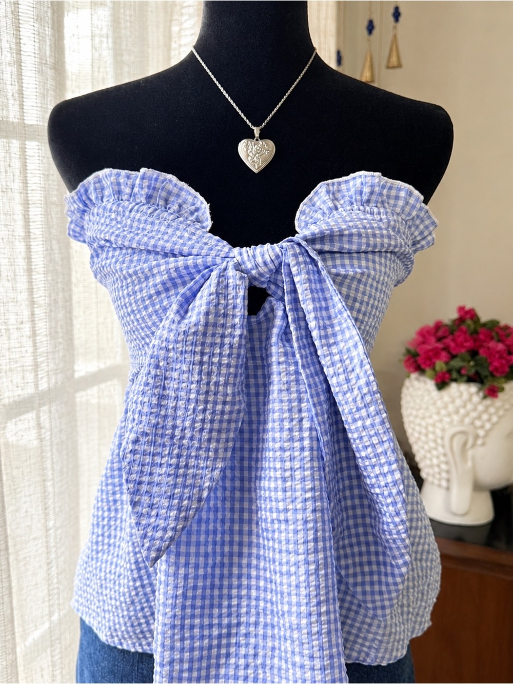 Soly Hux Blue & White Gingham Bow Tube Top
